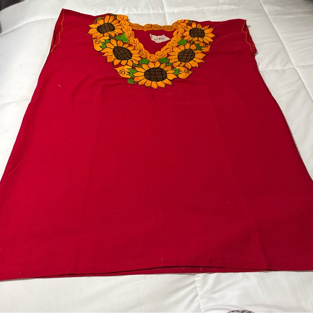 NWOT- Artesanal Red Embroidered Sunflower Tunic